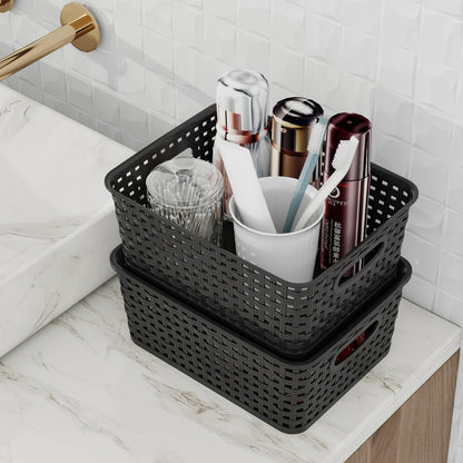 Julyeen Set of 6 Plastic Storage Baskets with Lids, Office Weave Organizer Basket Box, Black