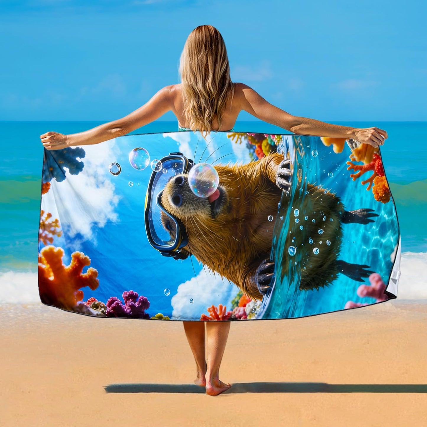 Violetpos Snorkeling Capybara Beach Towel, Extra Large 180x90 cm 250GSM Microfibre, Sand Free Quick Dry