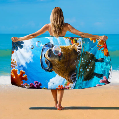 Violetpos Snorkeling Capybara Beach Towel, Extra Large 180x90 cm 250GSM Microfibre, Sand Free Quick Dry