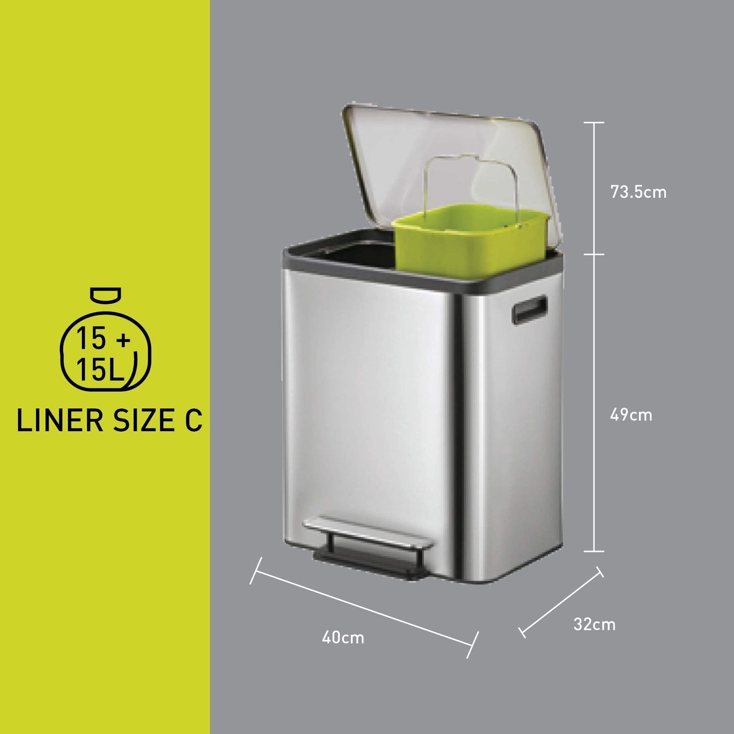EKO Ecocasa Recycling Kitchen Bin 15+15Litre, Pedal Rubbish Bin with Two Removable Inner Buckets, Perfect for Kitchen & Home, Stainless Steel