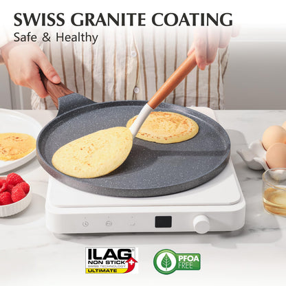 SENSARTE Nonstick Crepe Pan with Spreader, 30 cm Swiss Granite Coating Dosa Pan Pancake Flat Skillet Tawa Griddle with Stay-Cool Handle, Induction