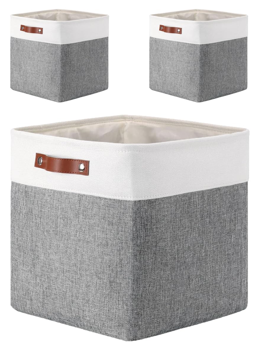 Mangata 25|28|30|33cm Fabric Storage Boxes, Set of 3 Storage Cubes(28x28x28cm, Grey White)