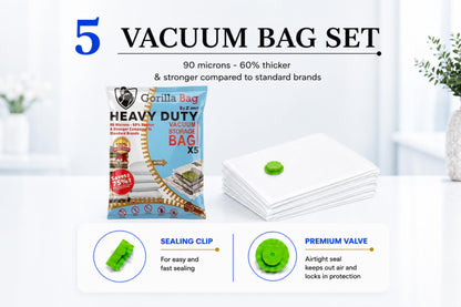HEAVY DUTY 5 VACUUM STORAGE BAGS by Gorilla Bags, Extra Large 100x80cm. Extra Strong 90 Microns. Double Zip Seal & Unique Turbo Valve Keeps Items