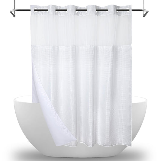 MEKOTRIN Hookless Shower Curtain with Snap on Liner Waffle Fabric Double Layer, 74 x 71 Inch Weighted White Shower Curtains with Viewing Window, Bath