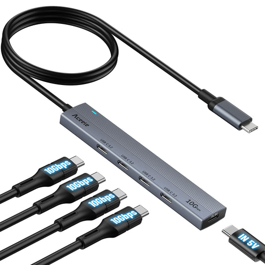 Aceele USB C Hub 3.2 Gen 2, 10Gbps USB C to C Adaptor with 4 Type-C Data Ports, 2ft Extension Cable Data Transfer Splitter with Type-C Power Port for