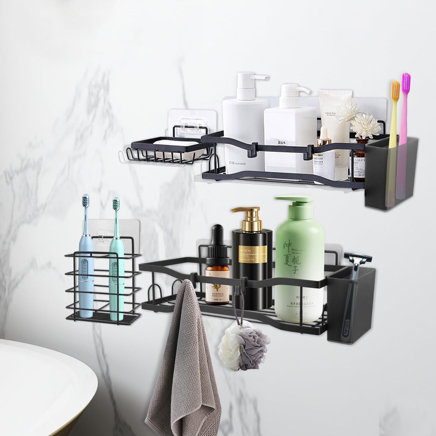 Beowanzk Bathroom Shelf 12 Piece Set | Heavy Duty Carbon Steel Wall Shelf with 4 Adhesive Pads | Shower, Kitchen No-Drill Rust Proof Organiser