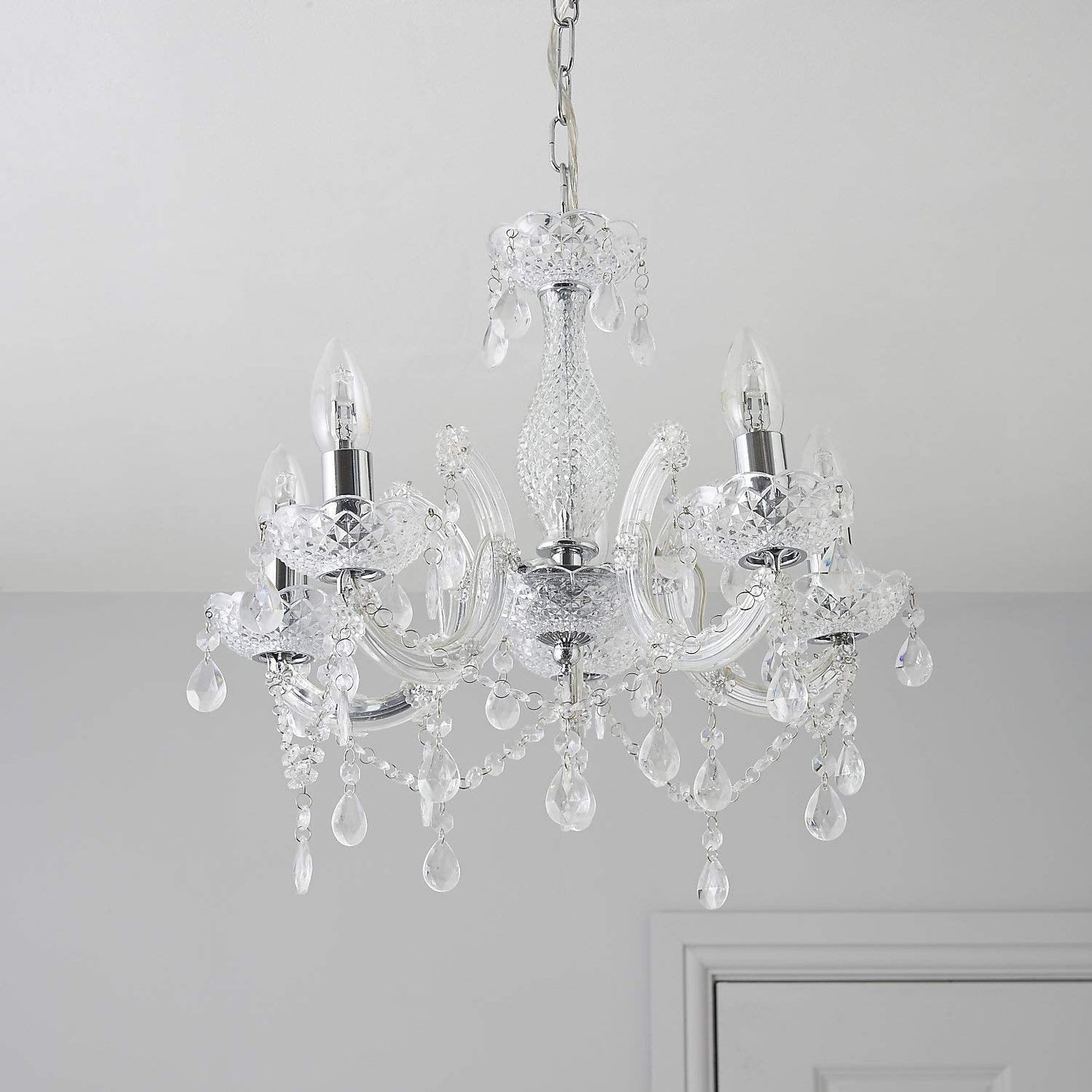 T&S 5 Light Chandelier,5 Lamp Pendant ,Chrome,Smoked.Acrylic Bedroom Living Room Ceiling Light  (Chrome) (Clear)