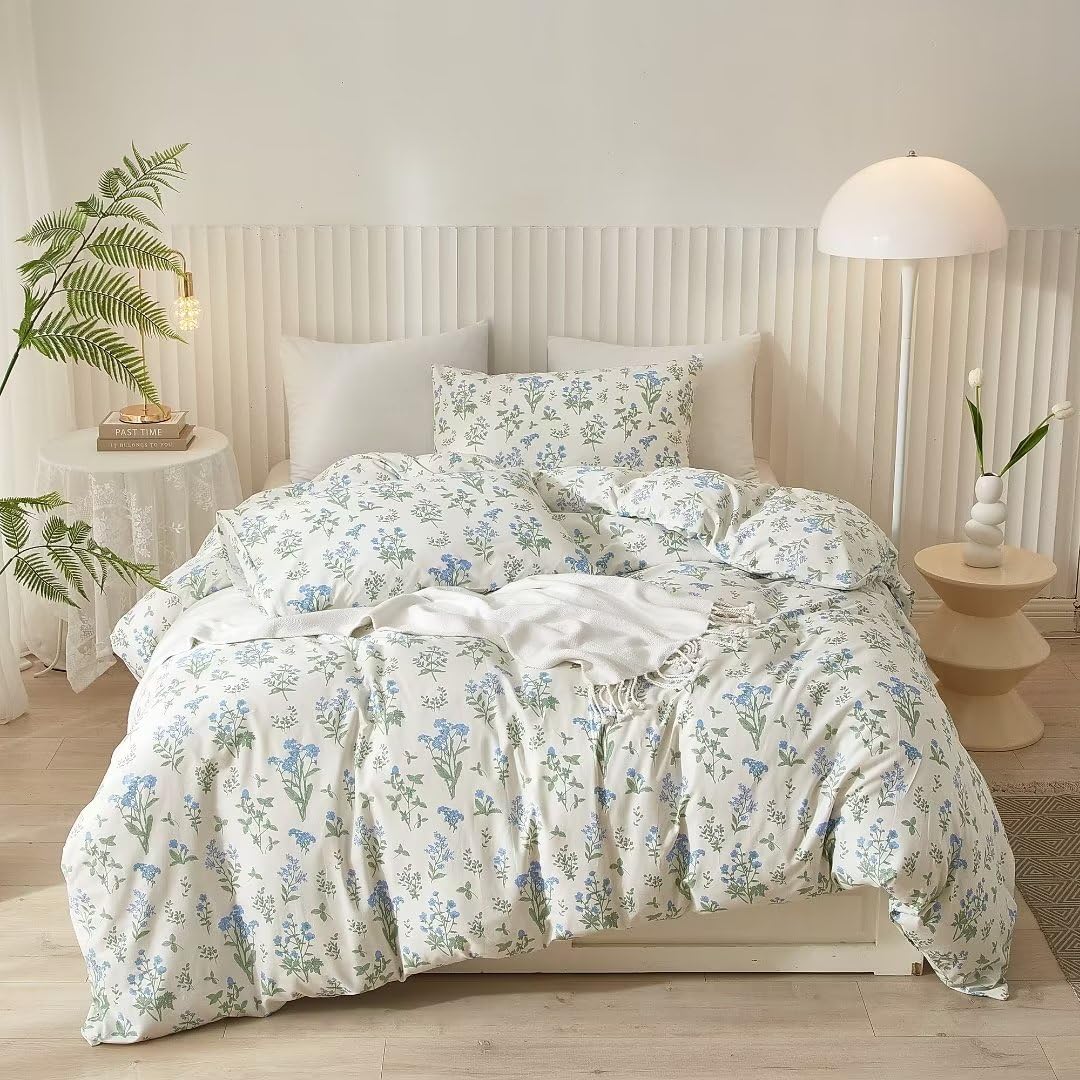 Ruccit White Floral Duvet Cover Set Double 100% Cotton Duvet Cover Double Bed 3pcs Garden Blue Green Chic Flower Bedding Set with Zipper Closure