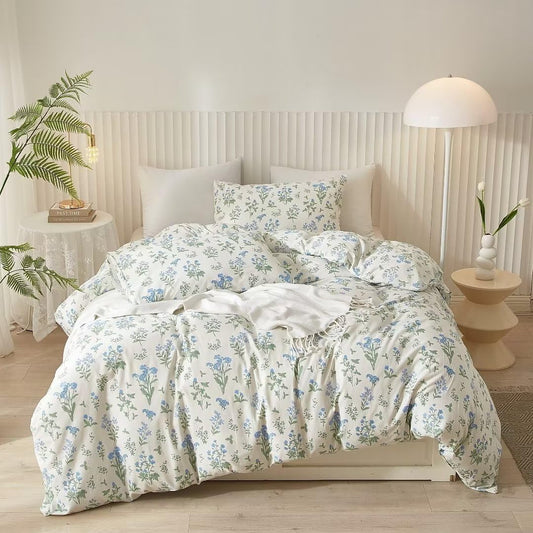 Ruccit White Floral Duvet Cover Set Double 100% Cotton Duvet Cover Double Bed 3pcs Garden Blue Green Chic Flower Bedding Set with Zipper Closure