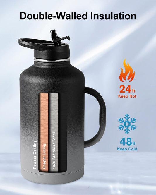 Trebo Insulated Water Bottle 2L, Stainless Steel Water Bottle 2L Metal Bottle with Handle Metal Large Jug Travel Flask with Straw Spout Lid Mug