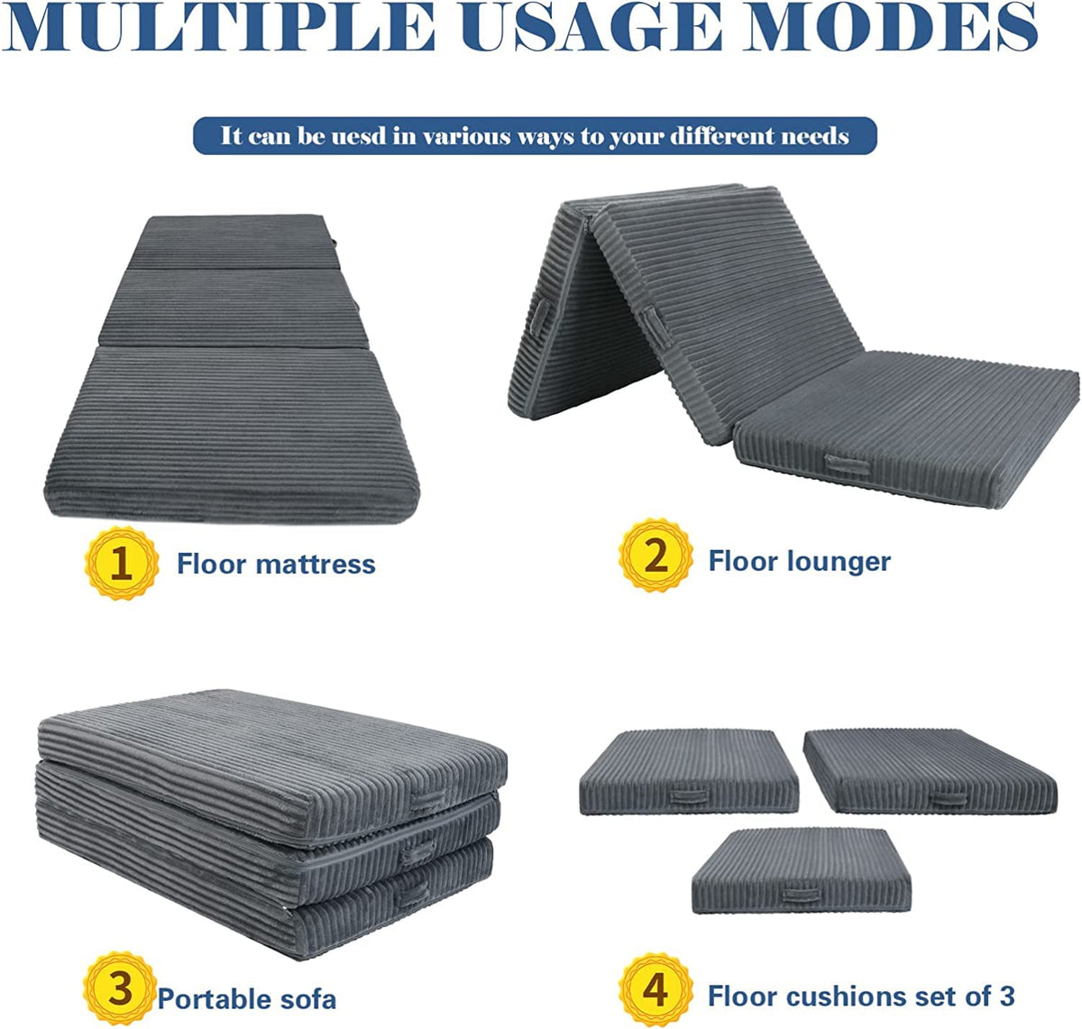 MeMoreCool Tri Folding Floor Mattress 190x75cm, 10cm Thick Foam Foldable Futon Mattress with Washable Cover, Portable Guest Bed Mat for Travel