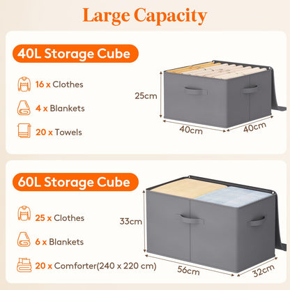 Lifewit Wardrobe Storage Box with lid, 40L, 40x40x25 cm, Grey, 3 Pack