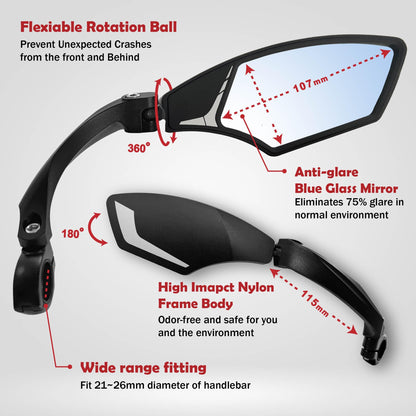 Hafny NEW Handlebar Bike Mirror, HD,Blast-resistant, E-bike Mirror, Glass Lens, HF-MR095 (Anti-glare Blue Right)