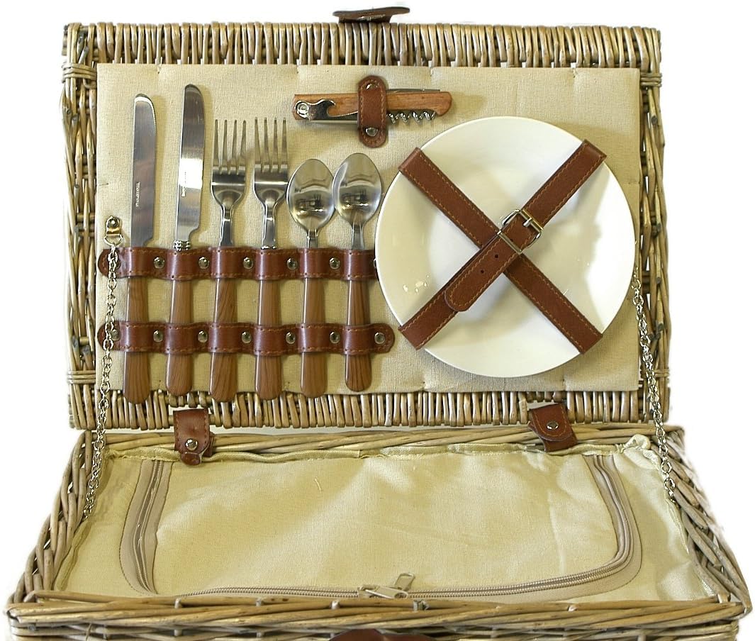 Cream Lined 2 Person Wicker Picnic Basket with Built In Chiller Compartment with Accessories - Ideas for Birthday, Wedding, Anniversary and Corporate