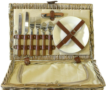 Cream Lined 2 Person Wicker Picnic Basket with Built In Chiller Compartment with Accessories - Ideas for Birthday, Wedding, Anniversary and Corporate