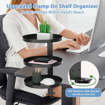 ROLIZOE 3 Tier Clamp On Desk Shelf Organiser with 25cm Adjustable Metal Storage Tray Above or Under Desk Storage 360 Rotating Shelving Rack No