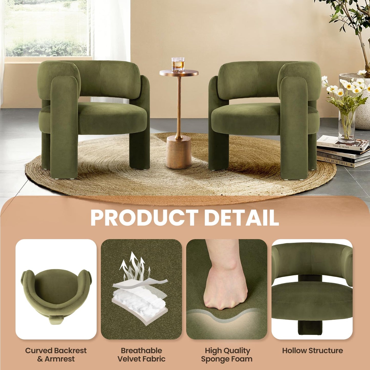 COLAMY Living Room Armchairs, Modern Velvet Accent Chair, Comfy Round Upholstered Arm Chair with 3 Legs