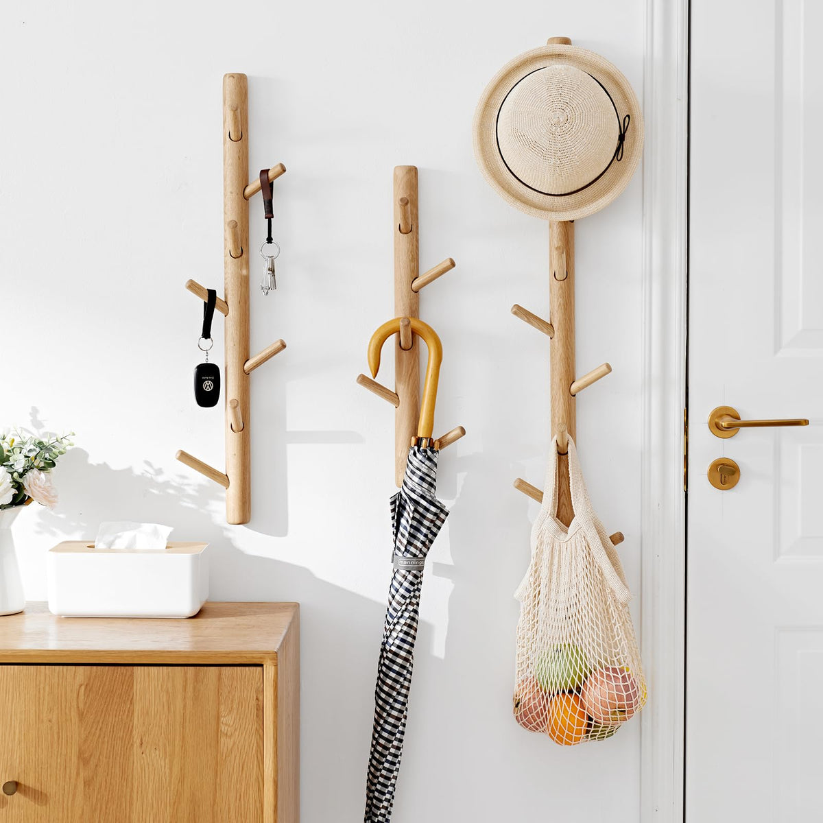 TREOAKWIS Vertical Coat Rack 40cm, Wood Hat Rack Wall Mounted with 4 Hooks