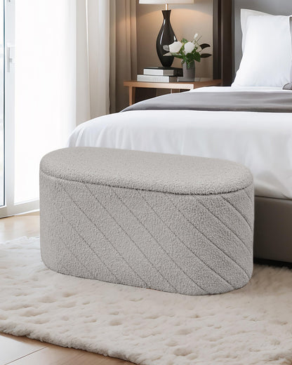 Bonlife Oval Ottoman with Storage Bench, Folding Foot Rest with Lid, Boucle End of Bed Bench,Foostool for Living Room,Bedroom,Entryway,Grey,76x38x38cm