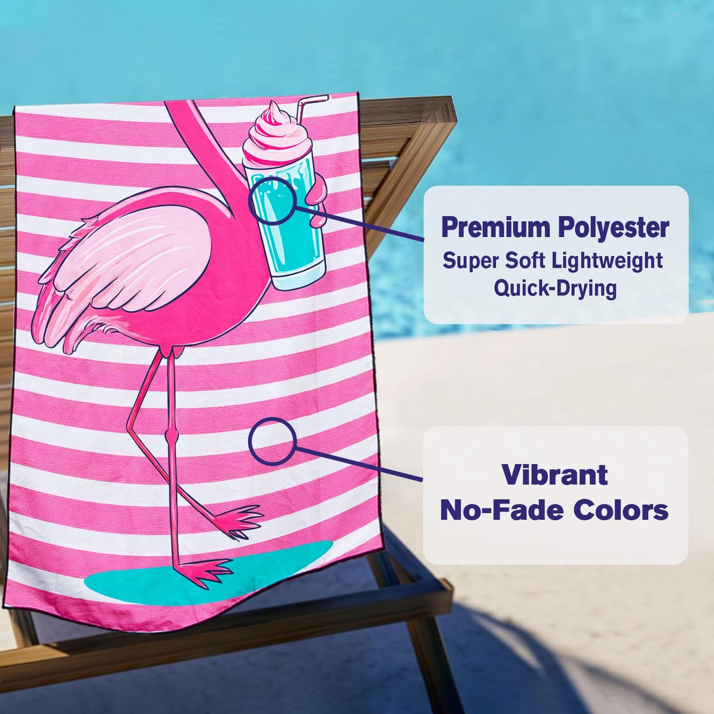 Violetpos Flamingo with Drink Beach Towel, Extra Large 180x90 cm 250GSM Microfibre, Sand Free Quick Dry