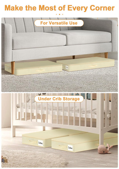 40L 12cm Slim Under Bed Storage Boxes with Zipped Lids, 2 Pack, Beige