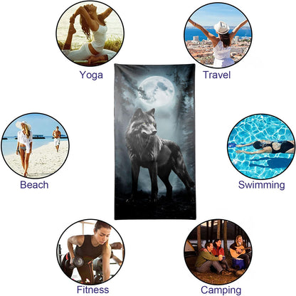 YISUMEI Black Wolf Beach Towels for Adults Extra Large 180 x 90 cm, Microfibre Quick Dry Towel for Travel Swimming Camping Sports