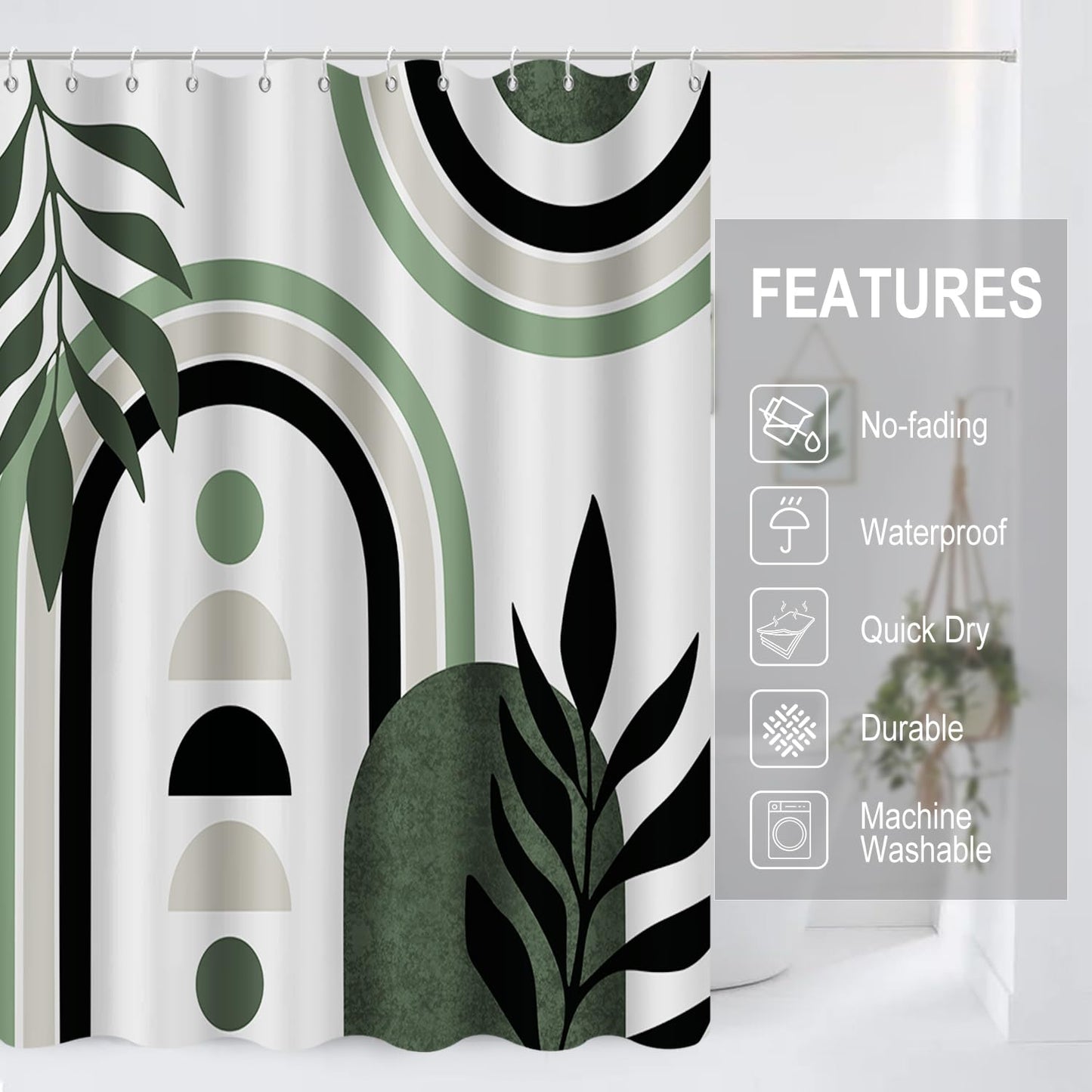 GCIREC Shower Curtain, 180x200cm, Green White Mid Century Modern Abstract Art Boho Geometric Waterproof Fabric Machine Washable Bathroom Curtain with