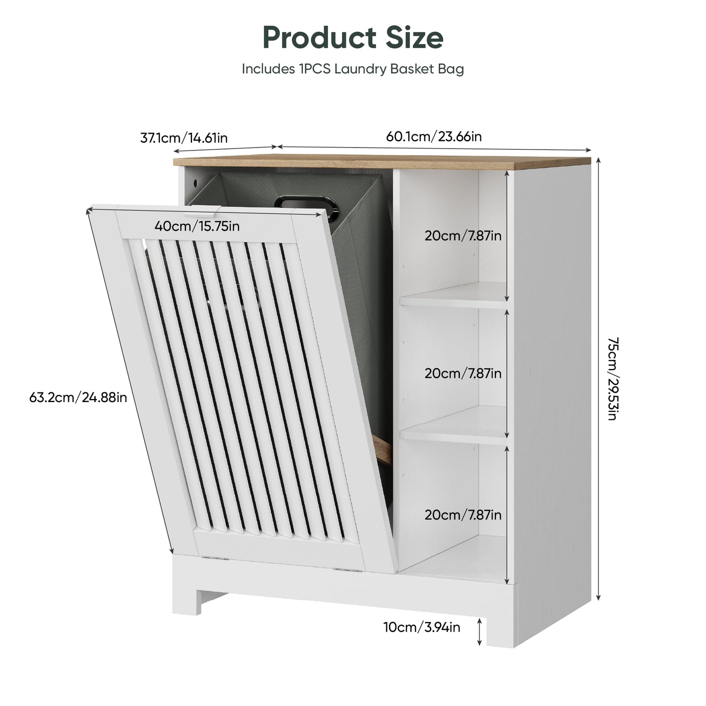 Smart FENDEE Tilt Out Laundry Hamper Cabinet with Louvered Door and Side Shelf, Bathroom Storage Cabinet with Removable Clothes Bin, 60 x 37 x 75 cm