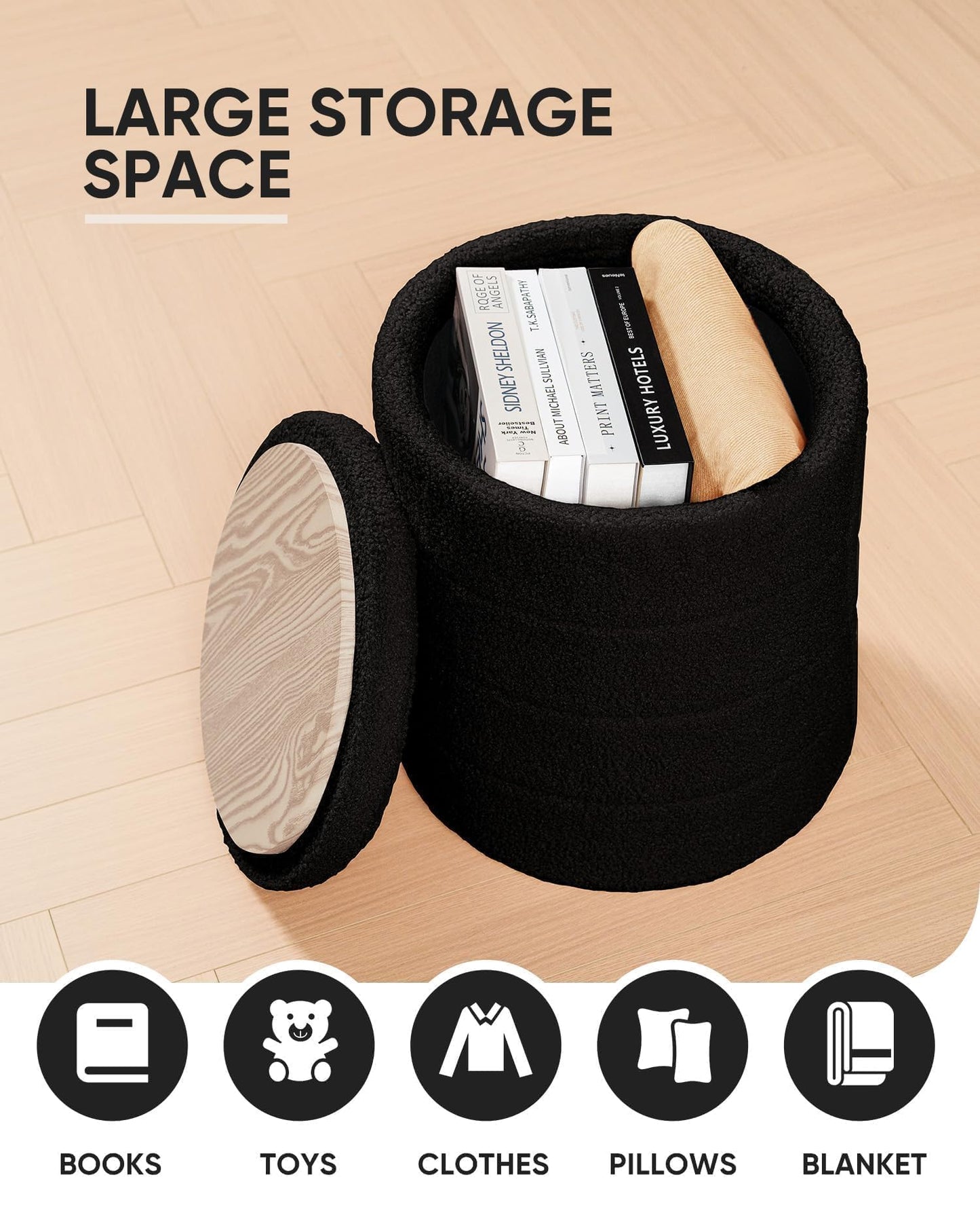 Bonlife Boucle Ottoman Storage, Foot Rest Stool Seat, Folding Footstool for Living Room, Sherpa Ottoman for Bedroom, Black, 37x37x45 cm
