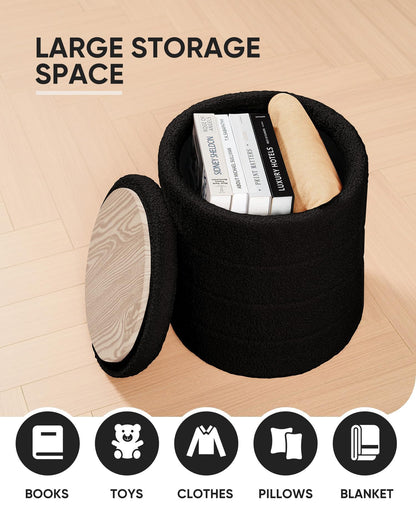 Bonlife Boucle Ottoman Storage, Foot Rest Stool Seat, Folding Footstool for Living Room, Sherpa Ottoman for Bedroom, Black, 37x37x45 cm