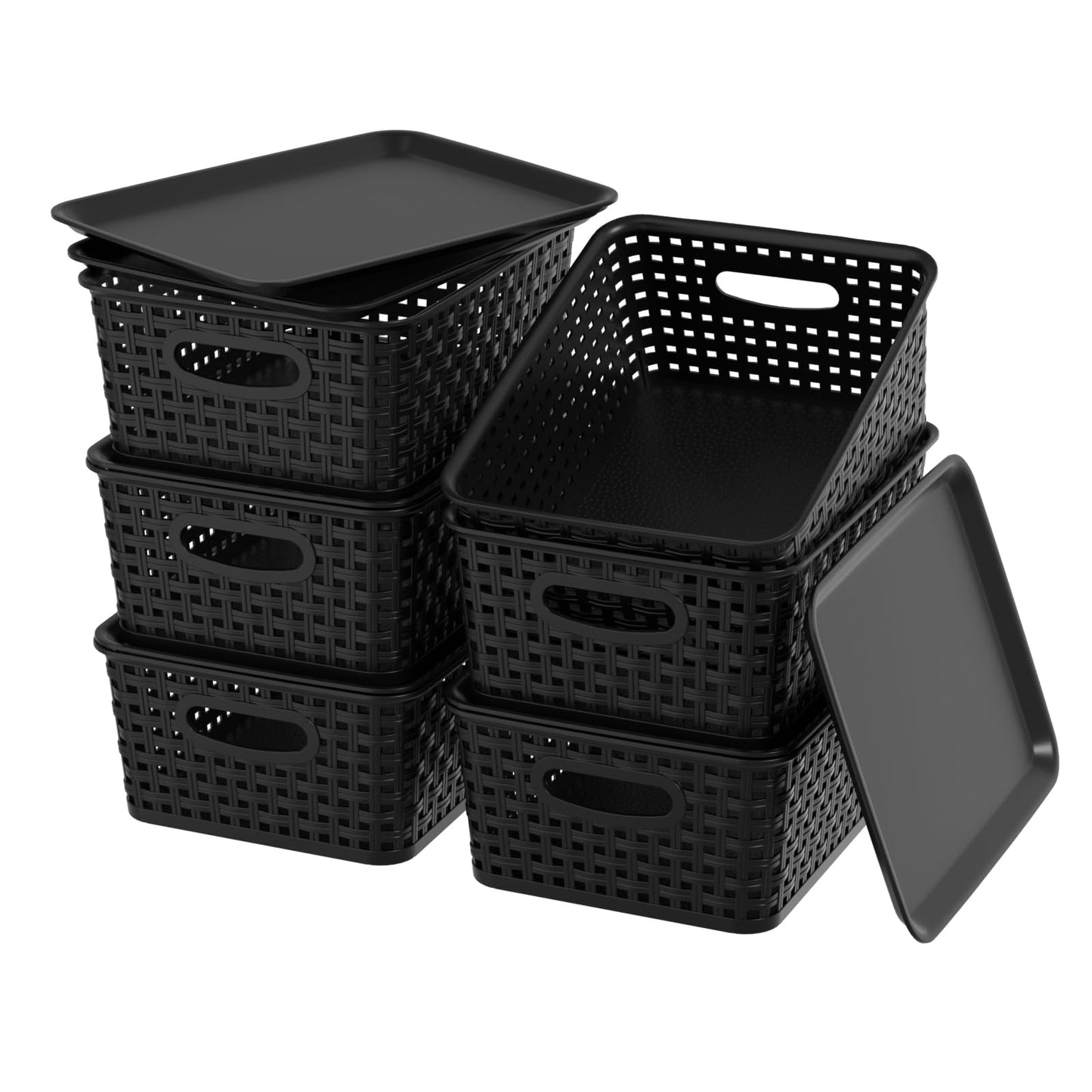 Parlynies Plastic Weave Baskets with Lid, Set of 6 Small Pantry Storage Basket, Black