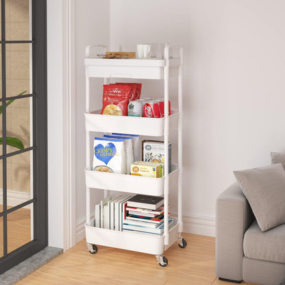 Wuciray Beauty Trolley on Wheels 4 Tier Storage Trolley with Drawer Plastic Beauty Trolleys Rolling Utility Cart for Home Kitchen Bathroom Laundry