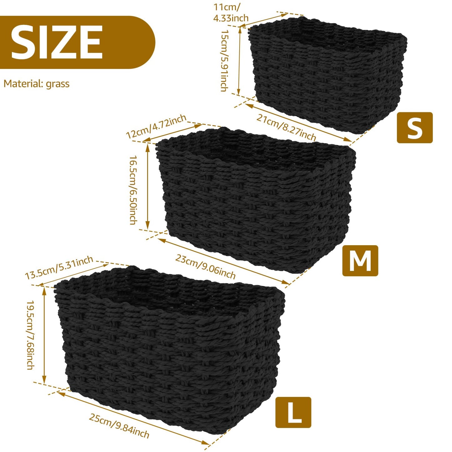 Set of 3 Wicker Storage Baskets for Organizing, Grass Woven Decorative Basket, Multifunctional Hamper for Toys, Cosmetics, Clothes