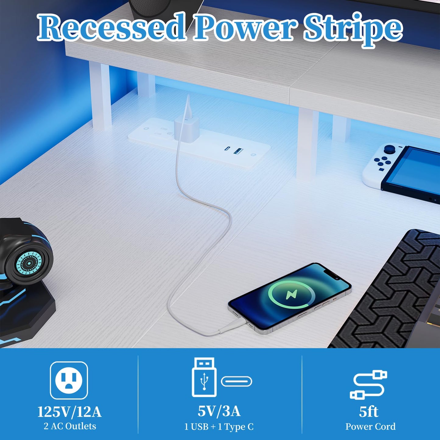 Grandder L Shaped Desk with LED Lights & Power Outlets, 100 cm Gaming Desk with 2 Shelves, Computer Table with Monitor Stand, Home Office, White