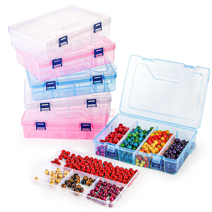 Covzoe 6 Pack Plastic Organizer Box with Adjustable Dividers, Double Layer Bead Organizer 15 Large Grids