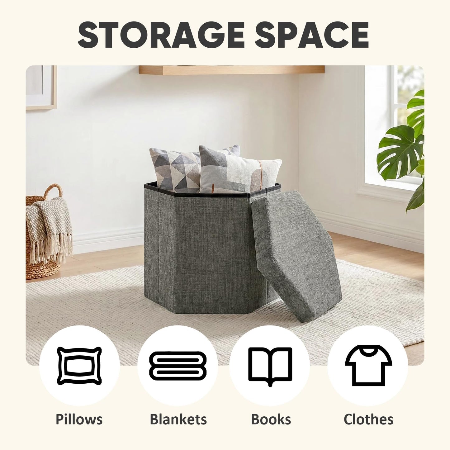 PINPLUS Chenille Ottoman Storage Box, Hexagonal Folding Stool, Grey