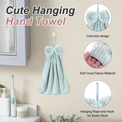 sourcing map 4Pcs Bow Hand Towels with Hanging Loop, 14.2" x 11.8" Soft Coral Fleece Microfiber Bowknot Hanging Hand Dry Towels Quick Dry and