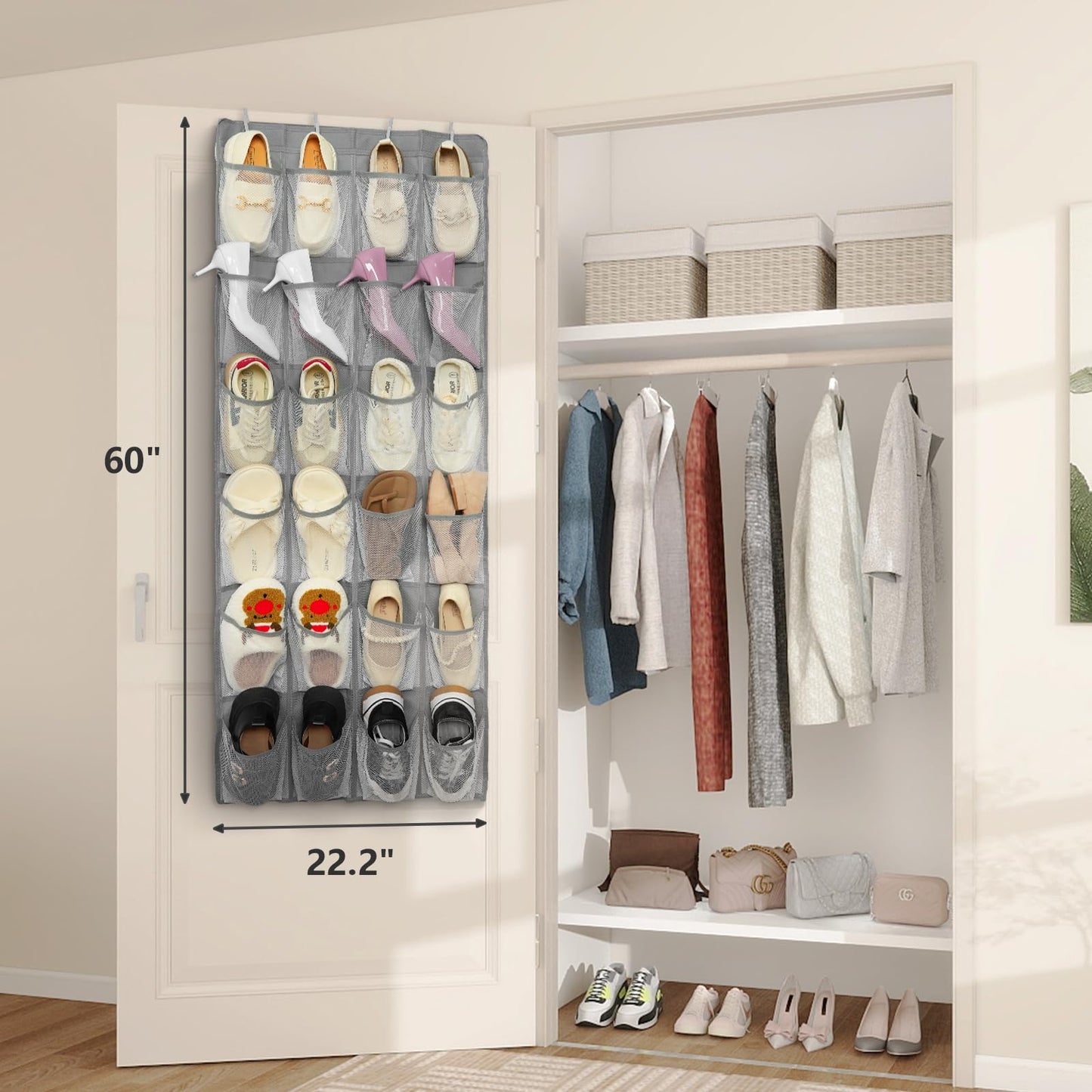 FENTEC Over Door Shoe Storage Organiser with 24 Large Mesh Pockets, Grey