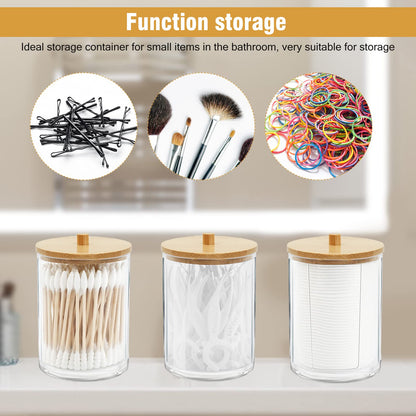 Gukasxi 3 Pack Acrylic Qtip Holder with Bamboo Lids Bathroom Canisters Jars Dispenser Cotton Swab Balls Pads Holder for Bathroom Storage Organizer