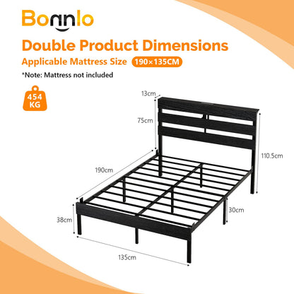 Bonnlo 4ft6 Double Bed Frame with Storage Headboard & LED Lights, 135x190cm, Metal Bed Frame with Charging Station (USB/Type-C/2 Outlets)