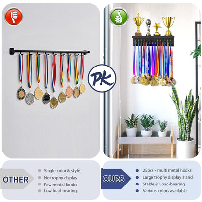 DSVENROLY Medal Holder Trophy Shelf Organizer, 25 Golden Hooks, Retro Grey