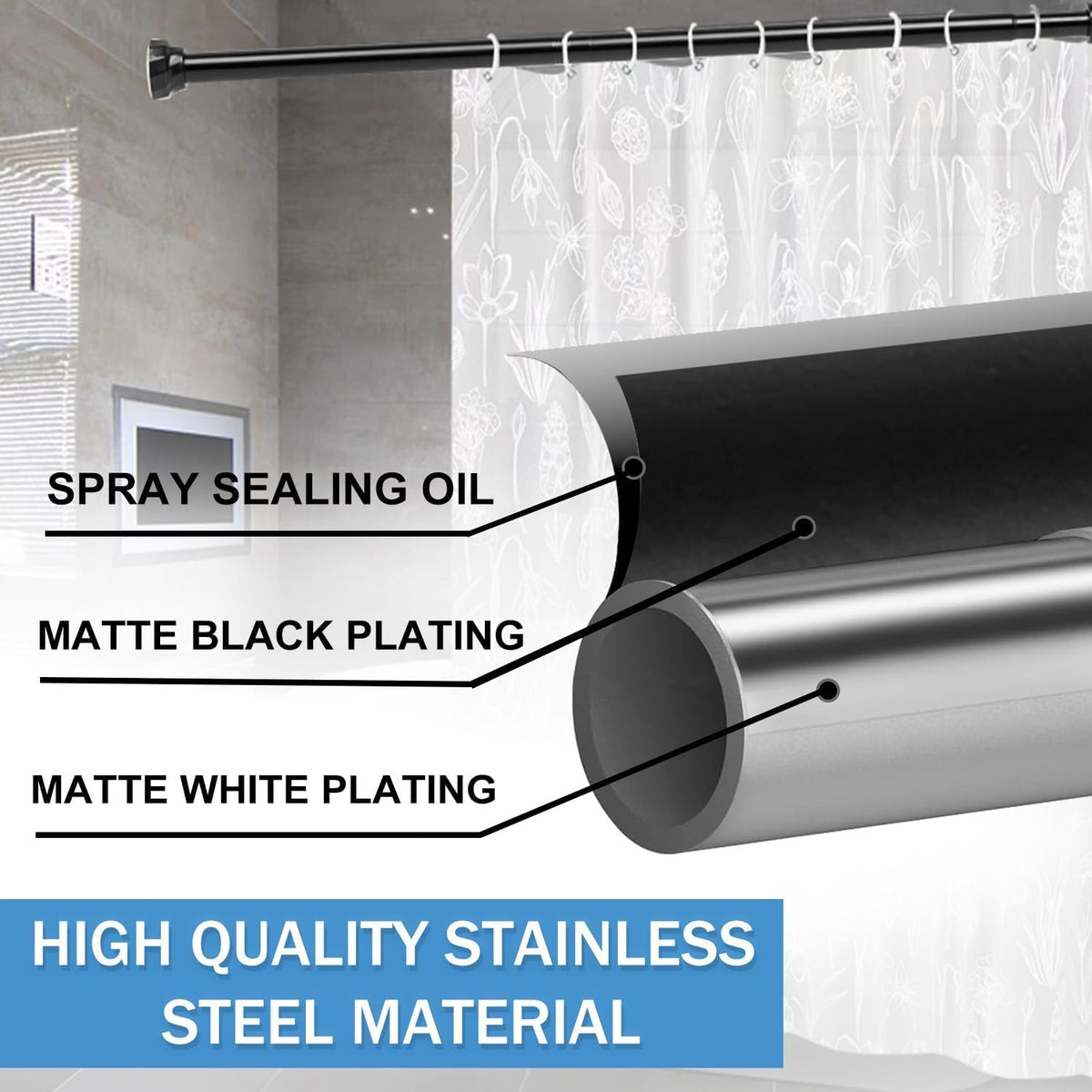 Extendable Shower Pole 76-256cm, Black Spring Tension Rod No Drill for Shower Curtain, Ø25mm Curtain Rod for Bathroom, Bedroom