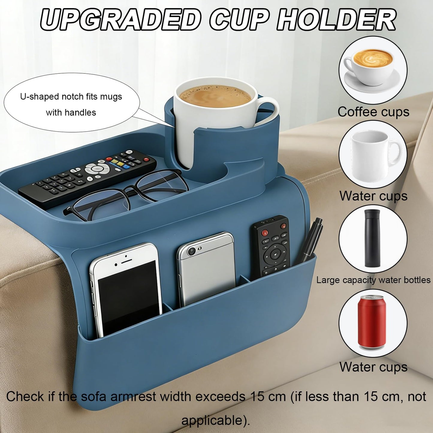 Sofa Arm Tray - Silicone Non-Slip Armchair Tray Caddy, Arm Chair Armrest Table Trays, with Double Side Pockets, Sofa Organiser for Cups, Phones