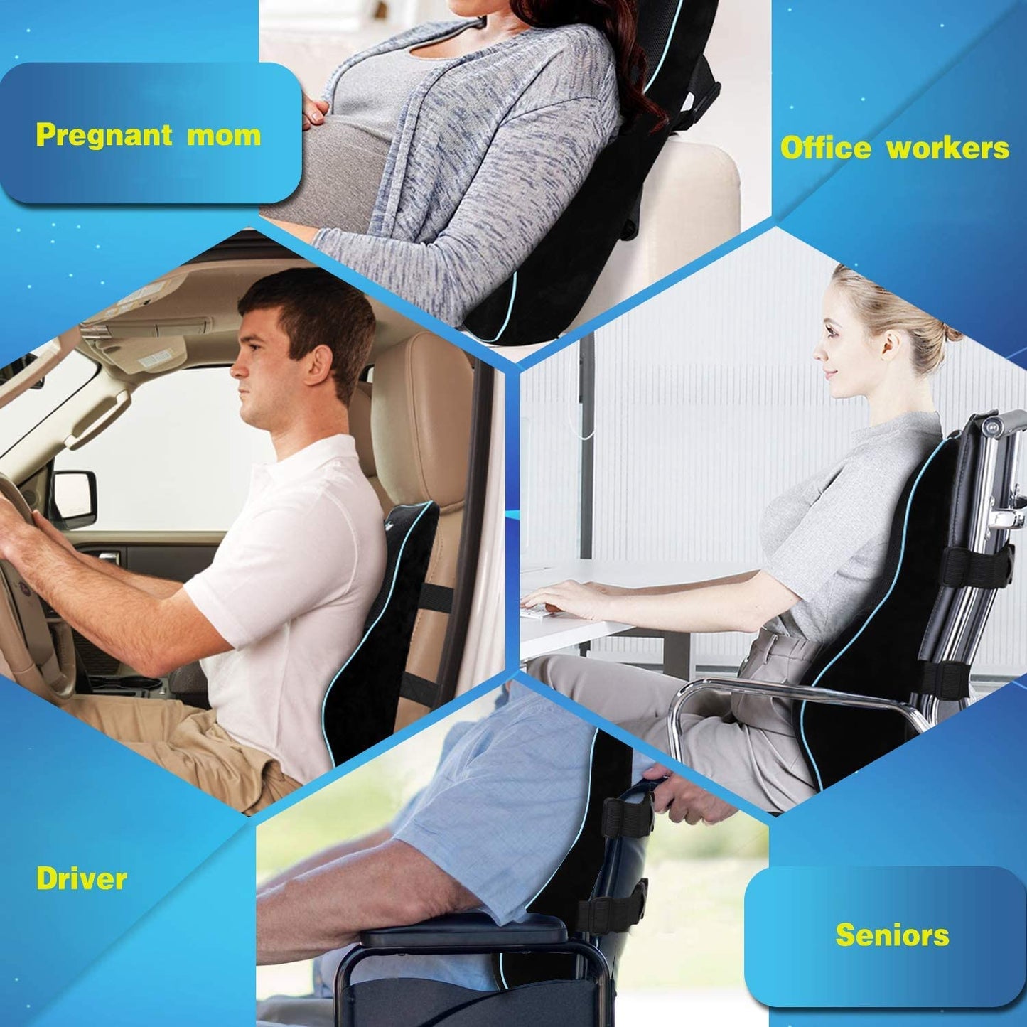 POOTACK Pillow, Memory Foam Back Support Cushion Lumbar Support for Office Chair, Car Seat, Recliner, with Extension Strap and Carry Bag Black