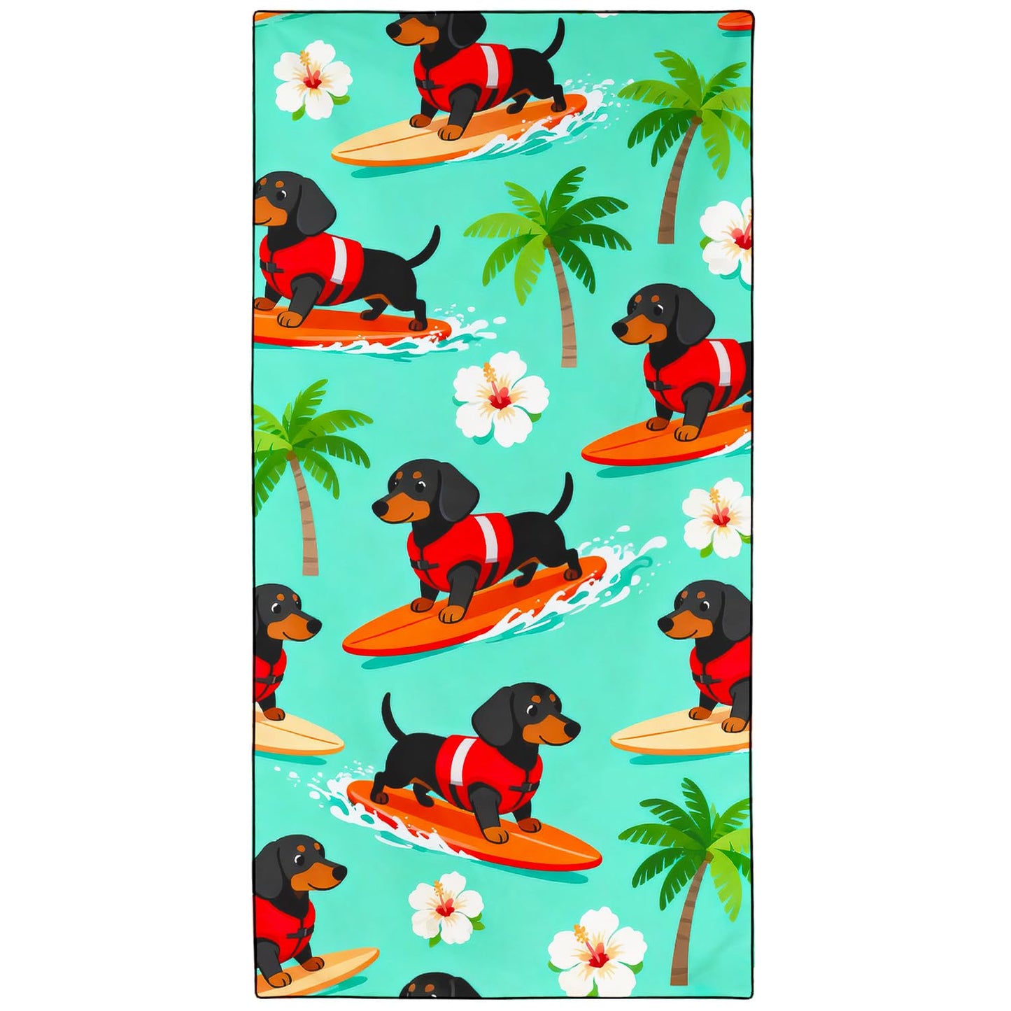 Violetpos Surfing Dachshund Beach Towel, Extra Large 180x90 cm 250GSM Microfibre, Sand Free Quick Dry