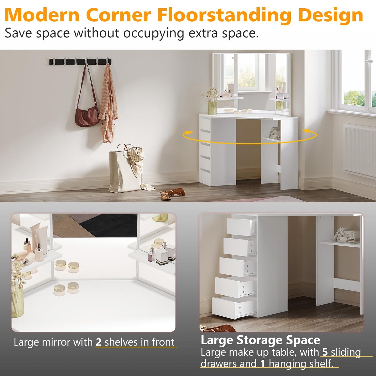 ELEGANT Corner Dressing Table with Mirror and 5 Drawers, 54x111x142cm