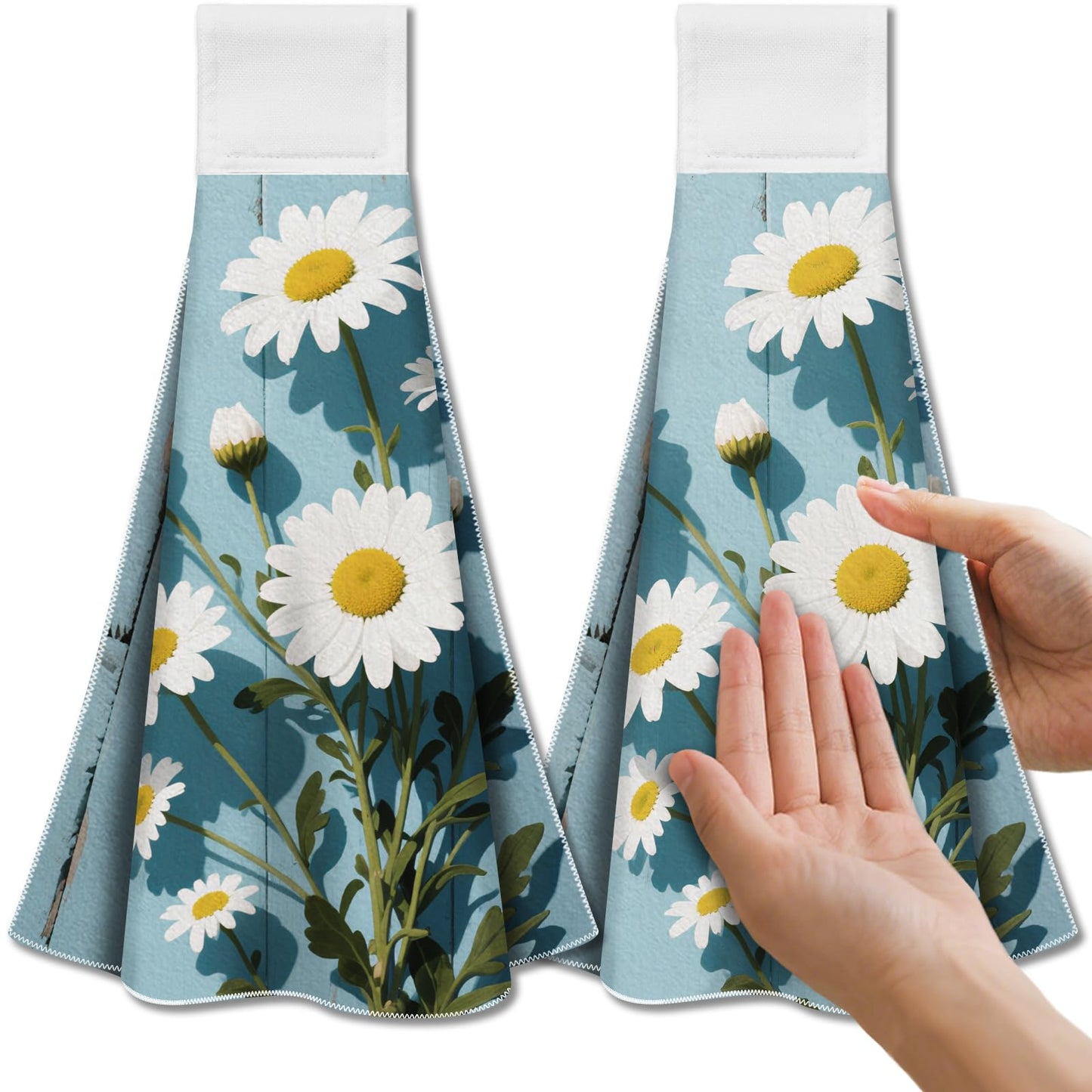CUTHOLLOW Daisies Flowers Tea Towels for Kitchen with Loop, Set of 2 - Soft & Super Absorbent Microfiber Decorative Hanging Dish & Hand Towel, Tea,