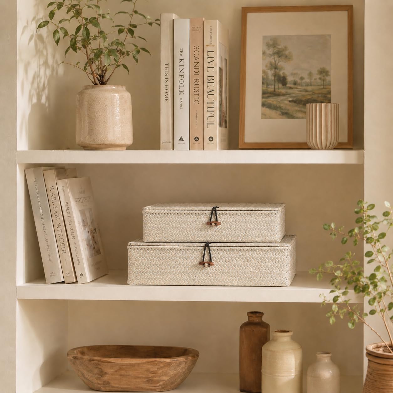 YANGQIHOME - Set of 2 Seagrass Baskets with Lids, Rectangular Woven Storage Baskets, Natural Wicker Boxes for Coffee Table, Shelf