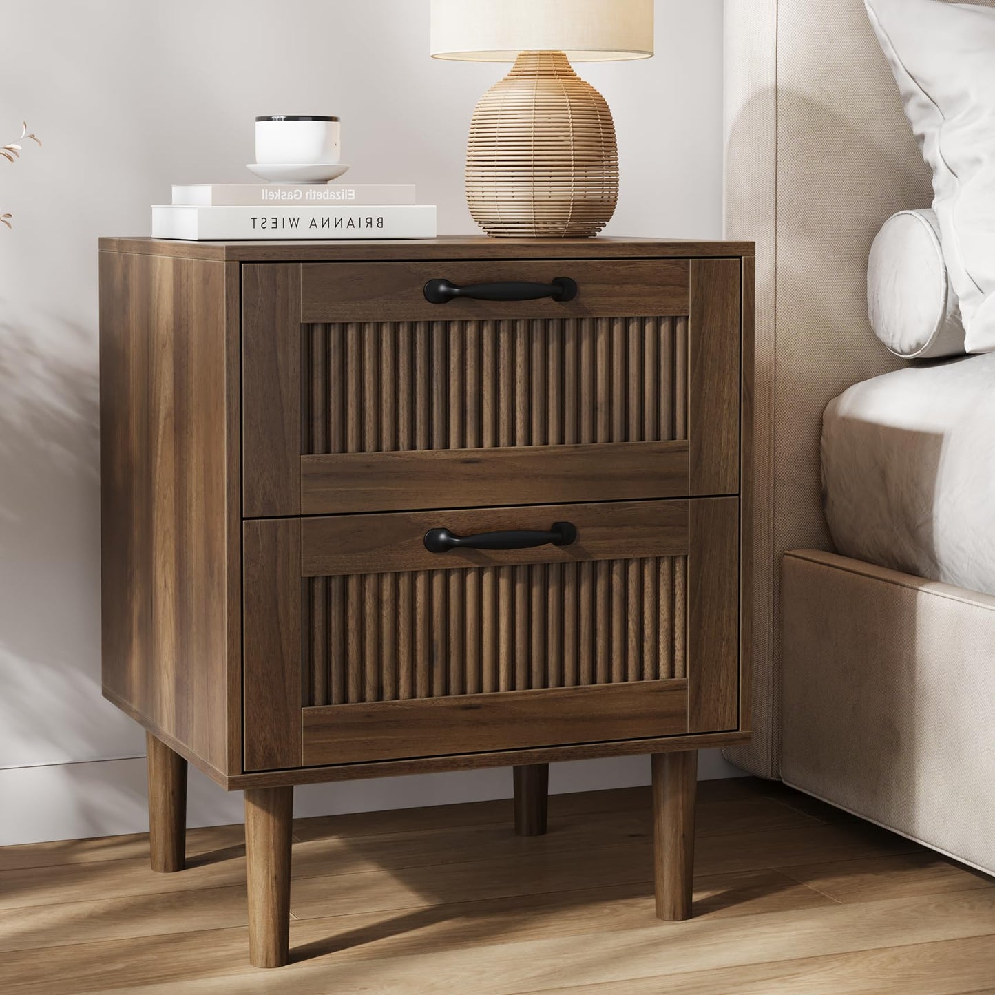 Smart FENDE Fluted Nightstand with 2 Drawers, Bedside Table with Solid Wood Legs, Mid-Century Modern End Table for Bedroom, Living Room, Walnut