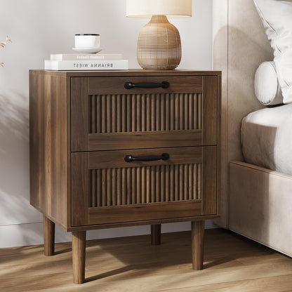 Smart FENDE Fluted Nightstand with 2 Drawers, Bedside Table with Solid Wood Legs, Mid-Century Modern End Table for Bedroom, Living Room, Walnut